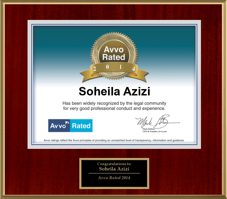 Avvo Rated | 2014 | Soheila Azizi | Framed Avvo Rated 2014 Award